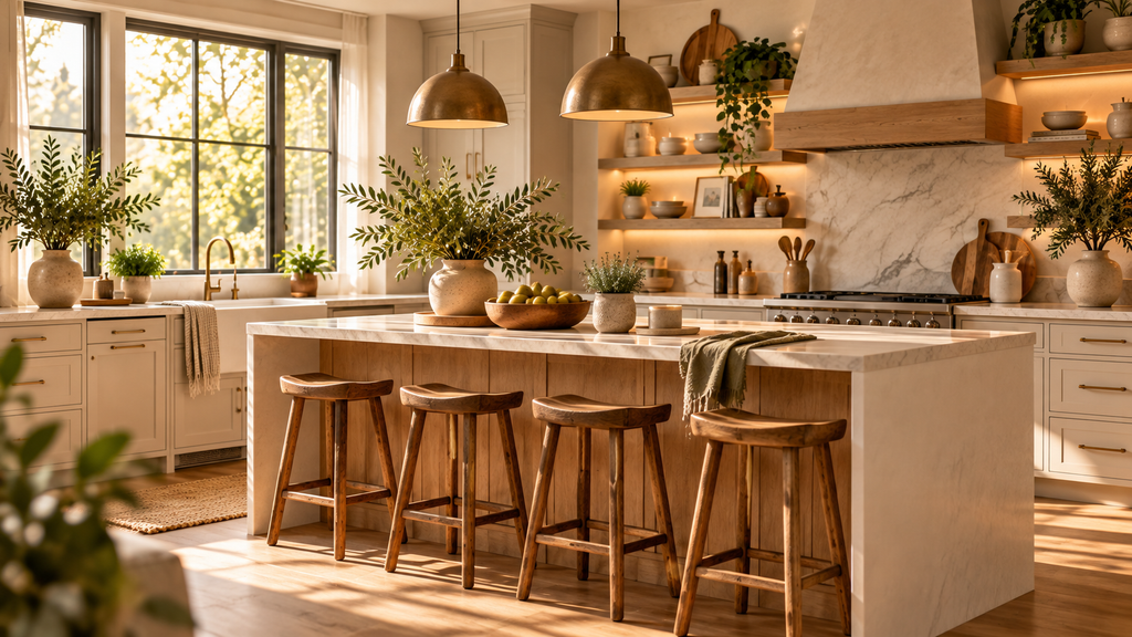 Warm farmhouse kitchen with natural wood, cream cabinets, and green accents