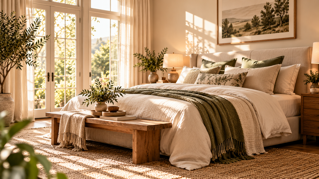 Sunlit bedroom with a neutral bed, wood accents, and soft layered bedding