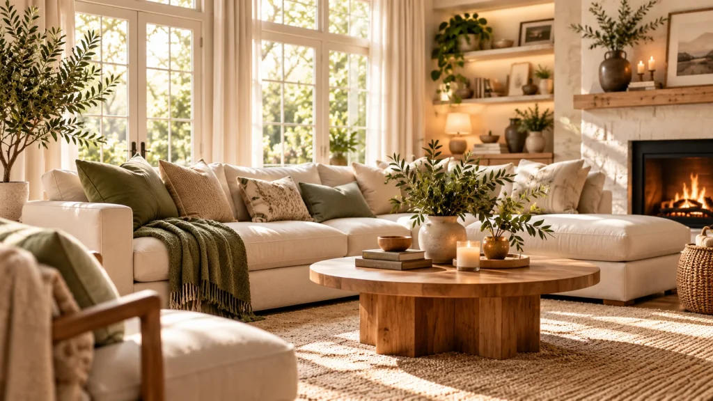Sunlit living room with a cream sofa, fireplace, wooden furniture, and leafy plants