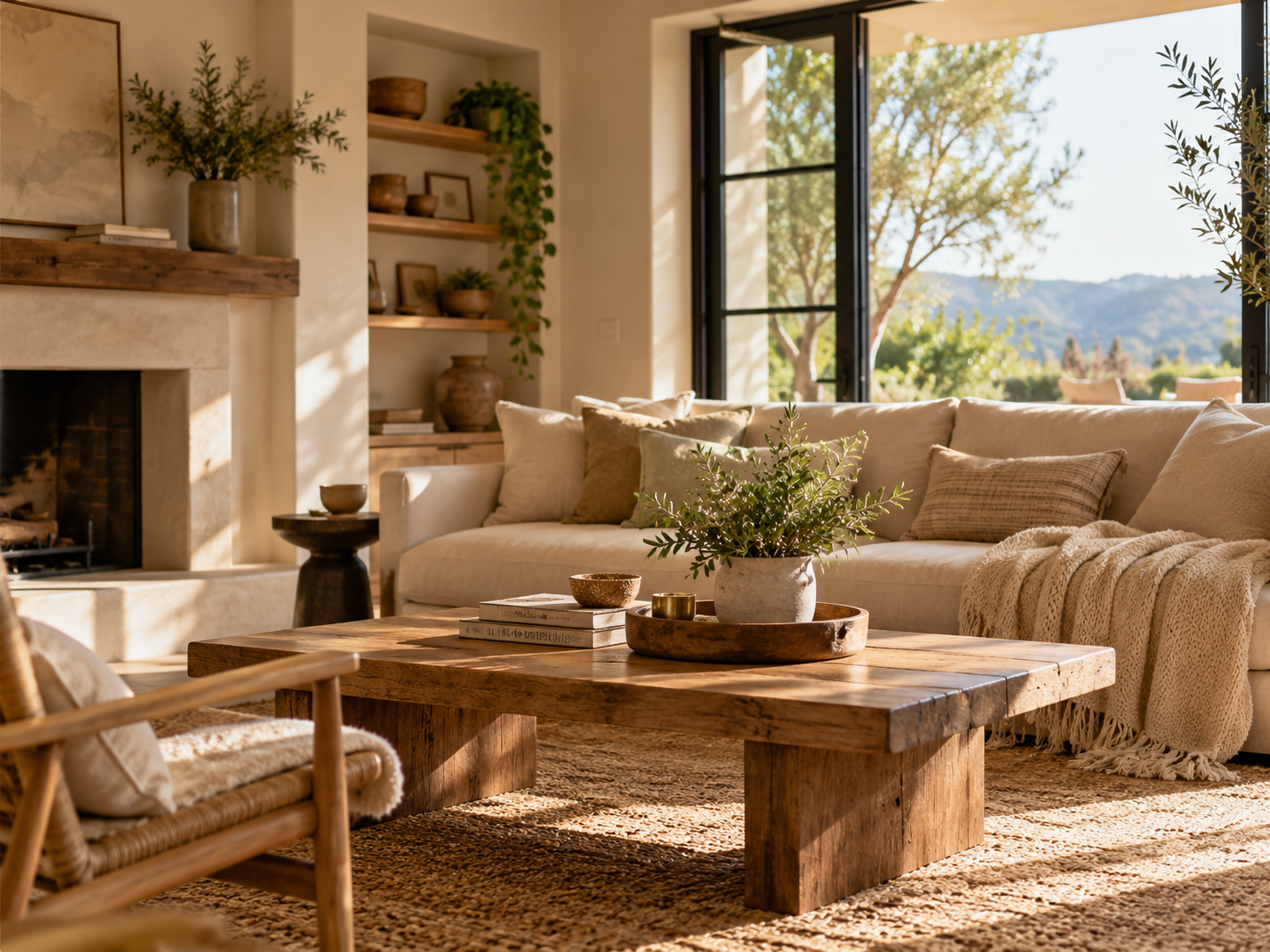 Rustic living room with a fireplace, wood furniture, and neutral sofas