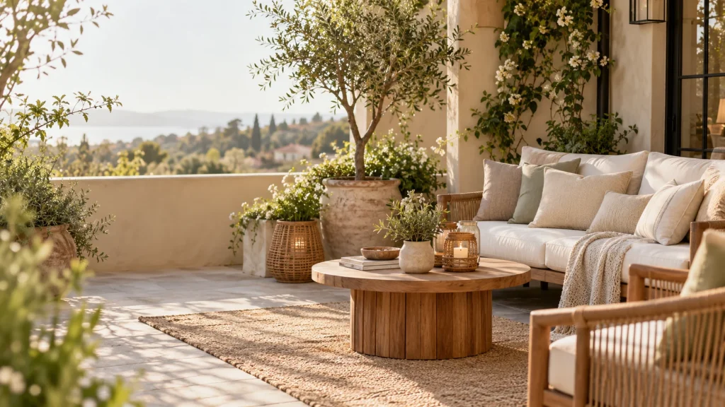 Small sunlit patio with woven seating, neutral cushions, and plants